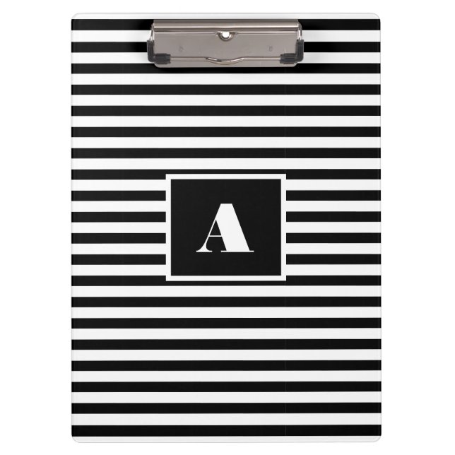Classic Custom initials Black and White Striped  Clipboard (Front)