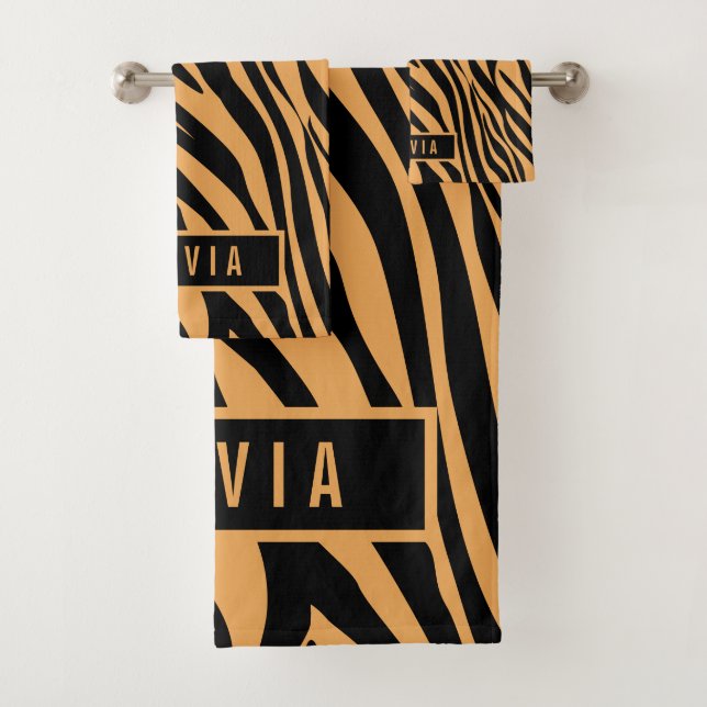 Classic Custom Name Tiger Animal Print Pattern Bath Towel Set (Insitu)
