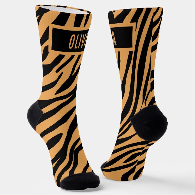 Classic Custom Name Tiger Animal Print Pattern Socks (Angled)