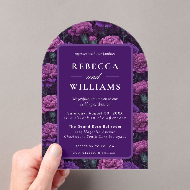 Classic Custom Purple Carnation Beach Wedding Acrylic Invitations (Insitu (Handheld))