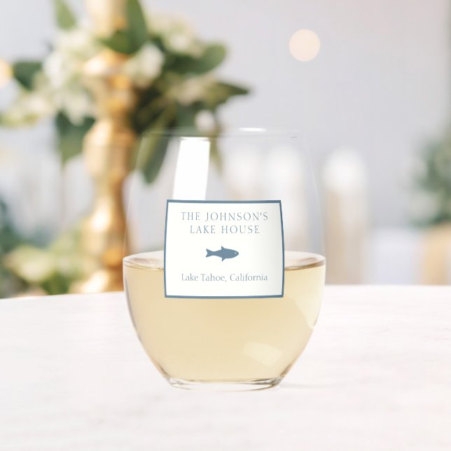 Classic Customisable Family Lake House Blue Fish Stemless Wine Glass (Insitu (Wedding))