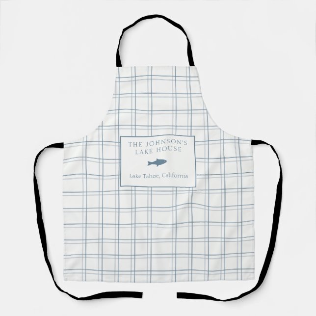 Classic Customisable Plaid Lake House Blue Fish Apron (Front)