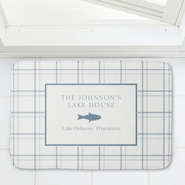 Classic Customisable Plaid Lake House Blue Fish Bath Mat (Creator Uploaded)