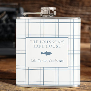 Classic Customisable Plaid Lake House Blue Fish Hip Flask
