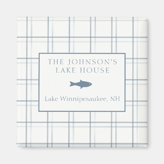Classic Customisable Plaid Lake House Blue Fish Magnet (Front)