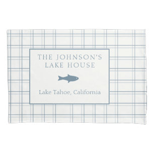 Classic Customisable Plaid Lake House Blue Fish Pillowcase