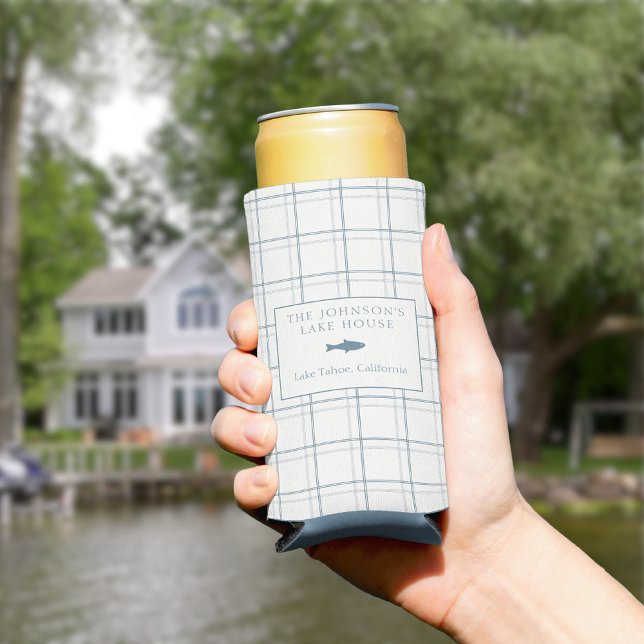Classic Customisable Plaid Lake House Blue Fish Seltzer Can Cooler (Creator Uploaded)