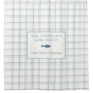 Classic Customisable Plaid Lake House Blue Fish Shower Curtain