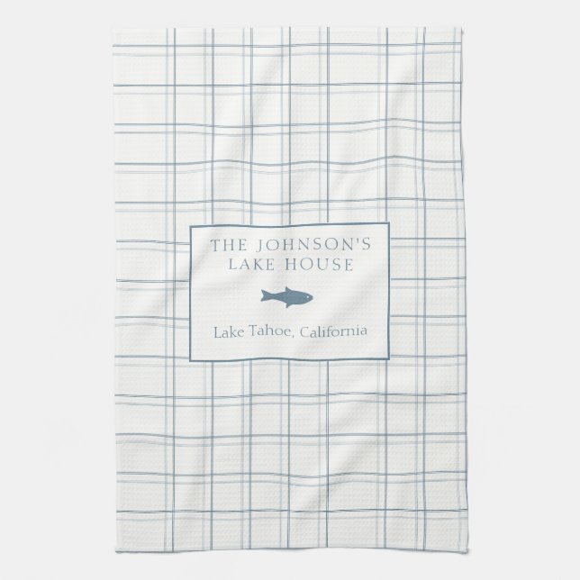 Classic Customisable Plaid Lake House Blue Fish Tea Towel (Vertical)