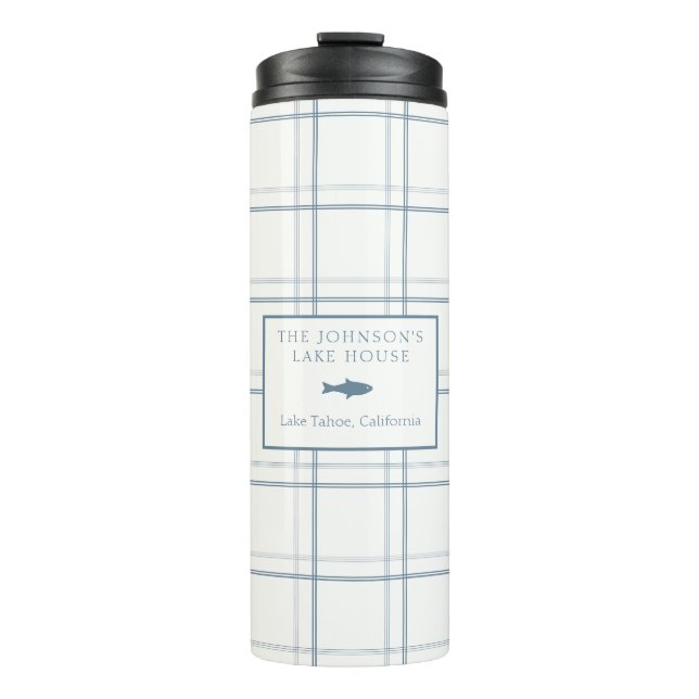 Classic Customisable Plaid Lake House Blue Fish Thermal Tumbler (Front)