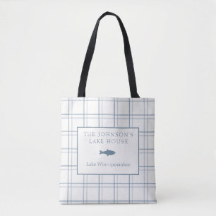 Classic Customisable Plaid Lake House Blue Fish Tote Bag