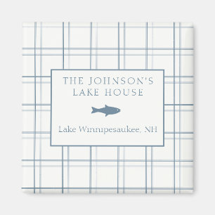 Classic Customizable Plaid Lake House Blue Fish Magnet