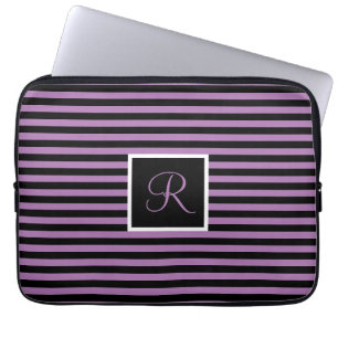Classic Cute Chic Initial Purple Black Striped Laptop Sleeve