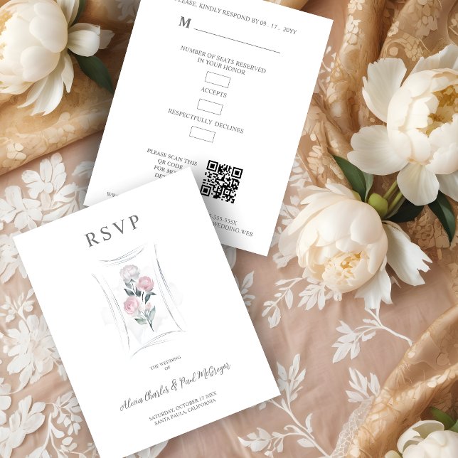 Classic Cute Floral Peonies Bunch in Gray & Pink RSVP Card (Classic Cute Watercolor Effect Floral Peonies Bunch in Gray & Pink Wedding RSVP Card.)