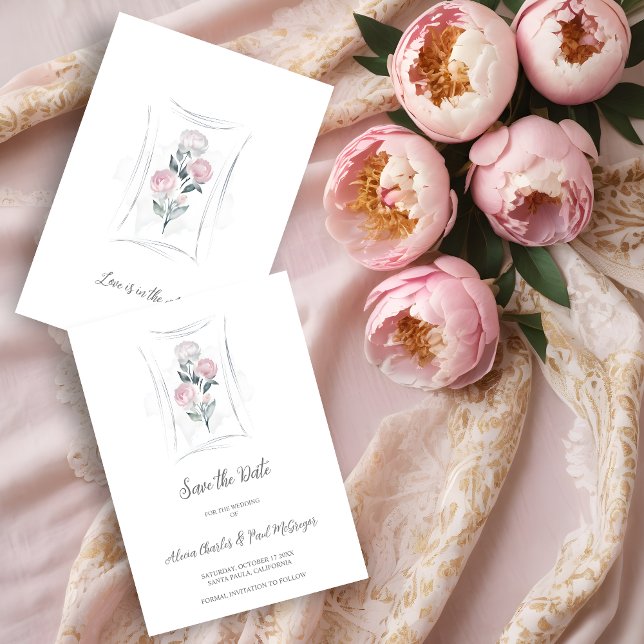 Classic Cute Floral Peonies Bunch in Gray & Pink Save The Date (Classic Cute Watercolor Effect Floral Peonies Bunch in Gray & Pink Wedding Save the Date Card.)
