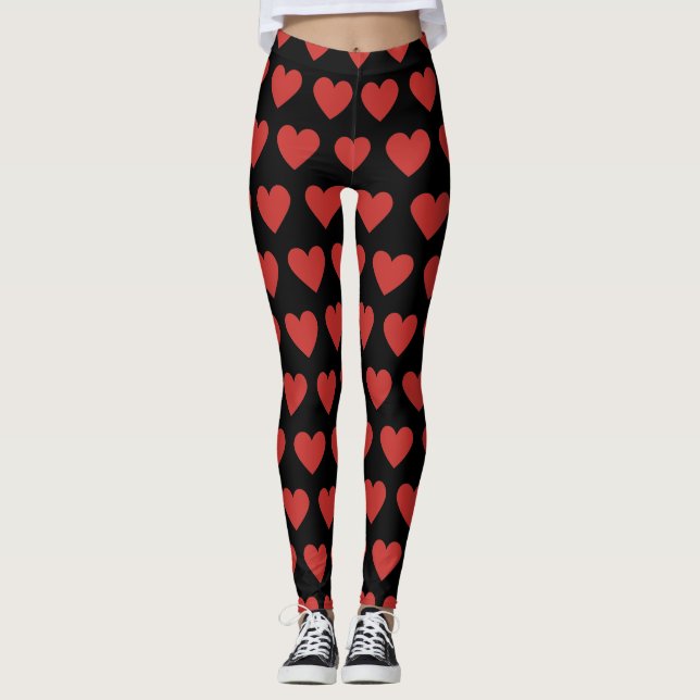 Classic Cute Red Heart Pattern on Black Leggings (Front)