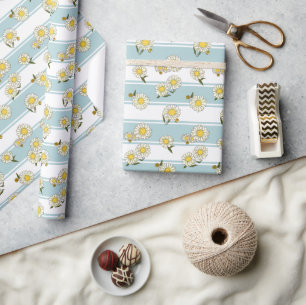 Classic Daisies and Classic Stripe Light Blue Wrapping Paper