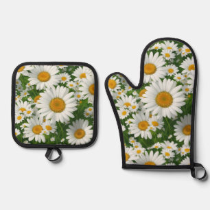 Classic daisy pattern white floral fields greenery oven mitt & pot holder set