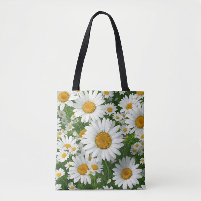 Classic daisy pattern white floral fields greenery tote bag (Front)
