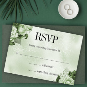 Classic Damask and Rose Bouquet Green Wedding RSVP Card