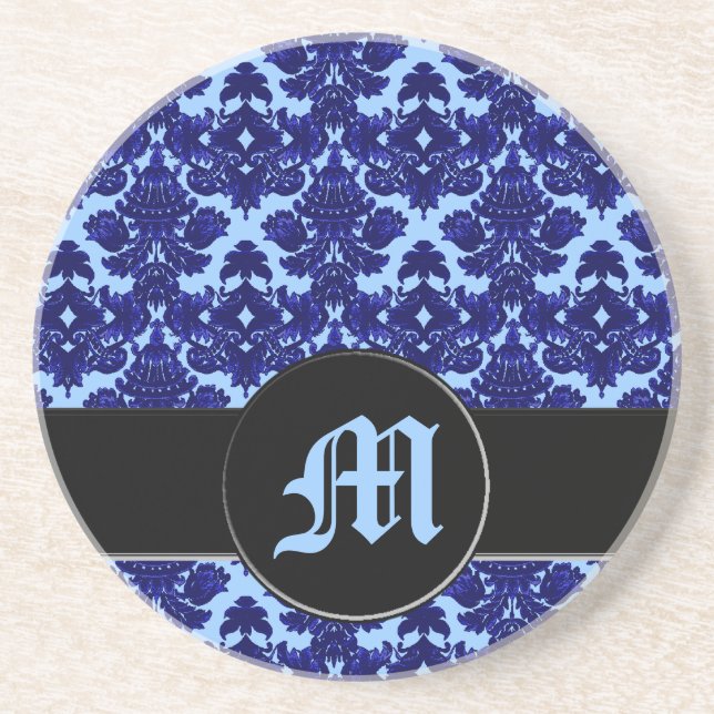 Classic Damask Blue (Monogram) Coaster (Front)