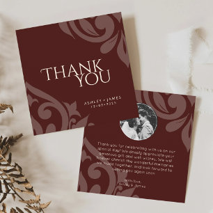 Classic Damask Elegant Mahogany Red Photo Wedding  Thank You Card