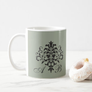 Classic Damask Monogram in Elegant Grey and Black Coffee Mug