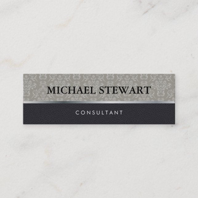 Classic Damask Pattern Black Leather Mini Business Card (Front)
