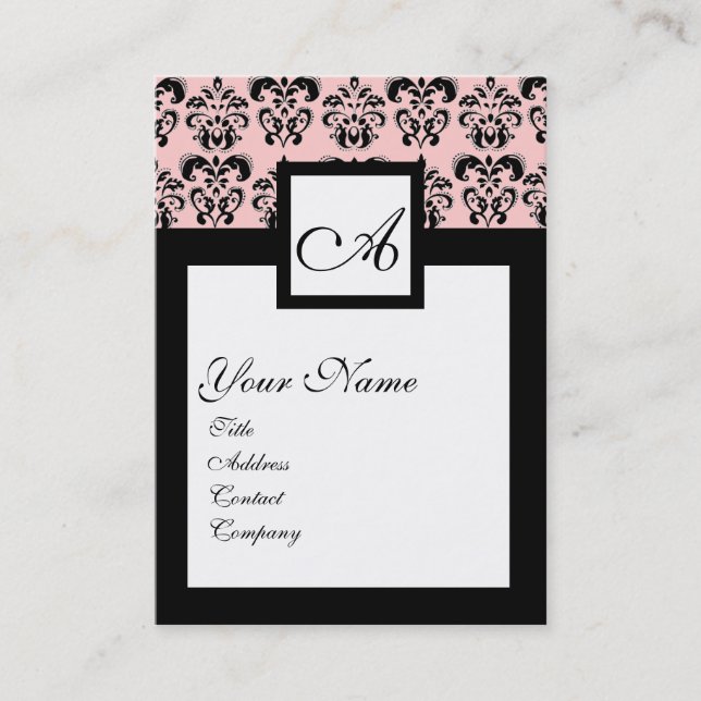 CLASSIC DAMASK SQUARE MONOGRAM,pink Business Card (Front)