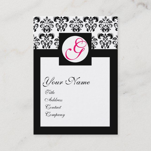 CLASSIC DAMASK SQUARE MONOGRAM ,pink fuchsia Business Card (Front)