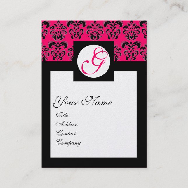 CLASSIC DAMASK SQUARE MONOGRAM ,pink fuchsia gold Business Card (Front)