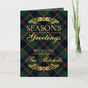 Classic Dark Blue Red Green Plaid Pattern Gold Foil Holiday Card