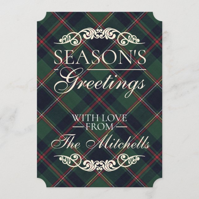 Classic Dark Blue Red Green Plaid Pattern Holiday Card (Front)