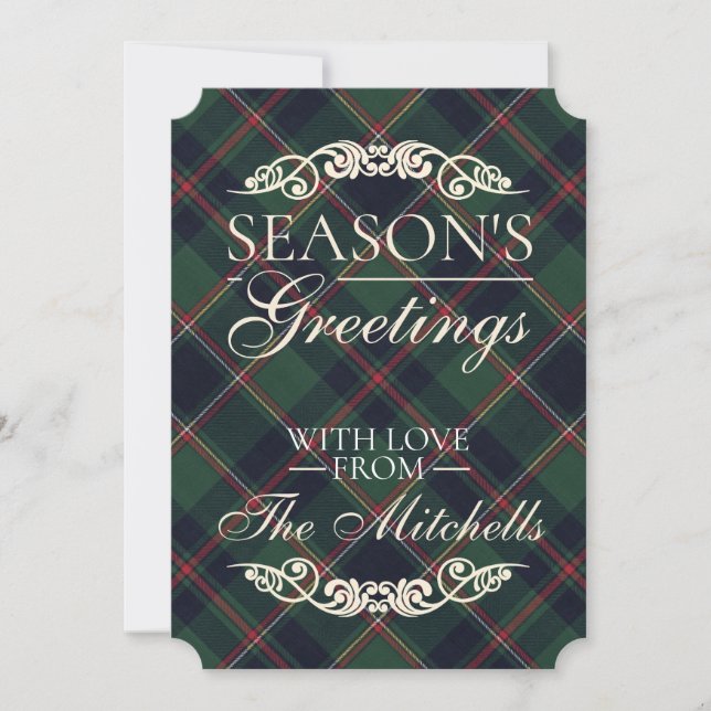 Classic Dark Blue Red Green Plaid Pattern Holiday Card (Front)