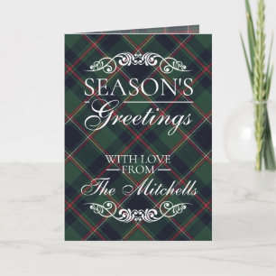 Classic Dark Blue Red Green Plaid Pattern Holiday Card