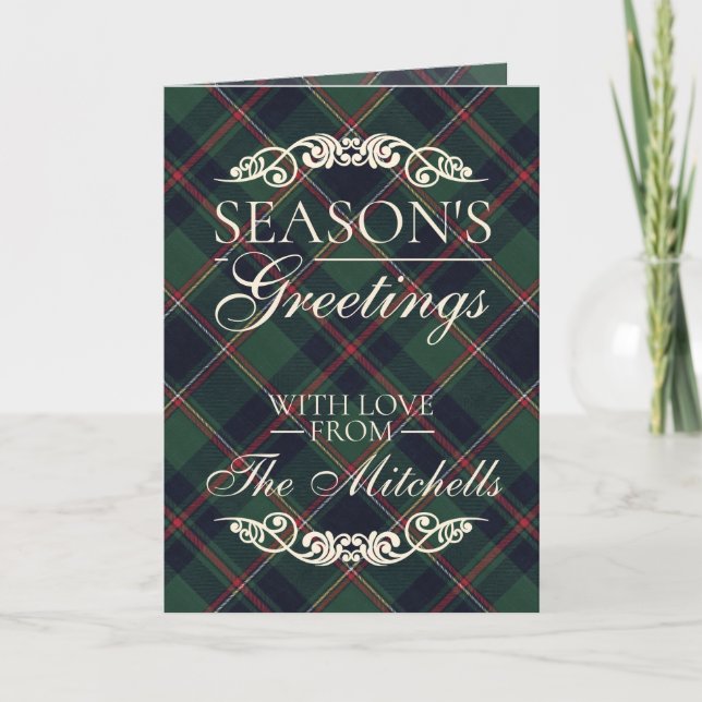 Classic Dark Blue Red Green Plaid Pattern Holiday Card (Front)