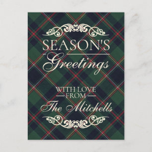 Classic Dark Blue Red Green Plaid Pattern Holiday Postcard