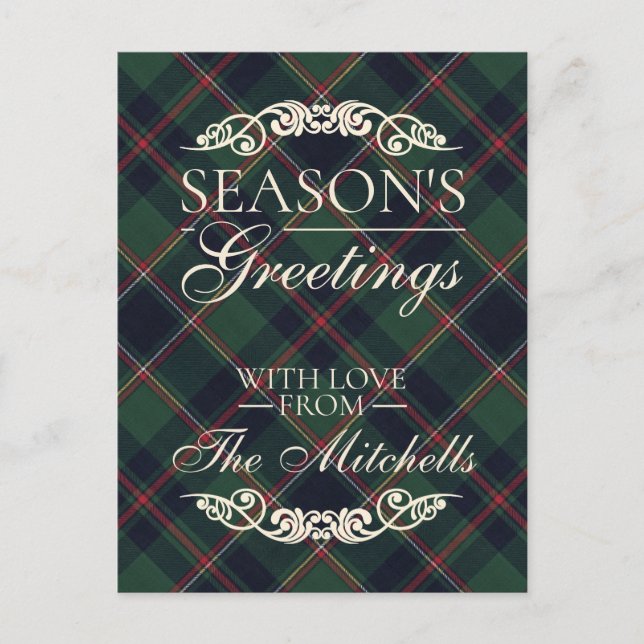 Classic Dark Blue Red Green Plaid Pattern Holiday Postcard (Front)