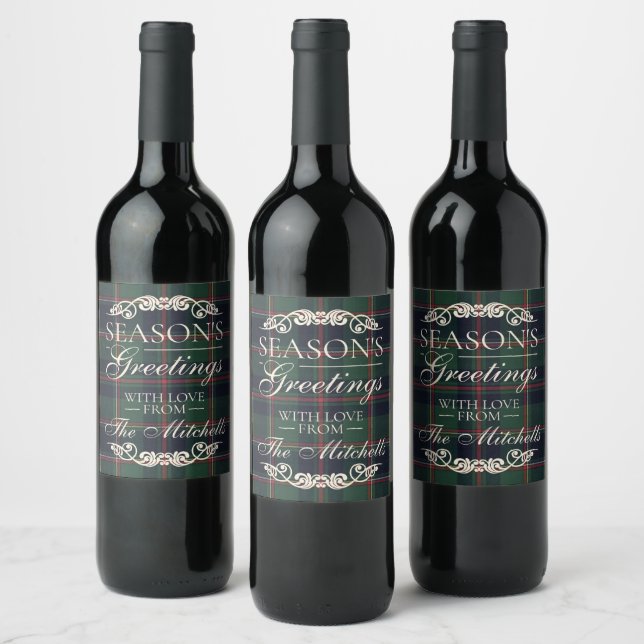 Classic Dark Blue Red Green Plaid Pattern Wine Label (Bottles)