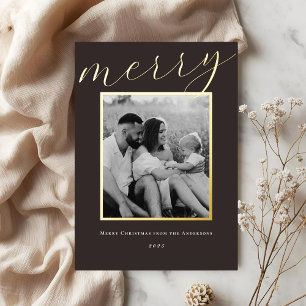 Classic Dark Brown and Gold Frame Family Photo Foil Holiday Card