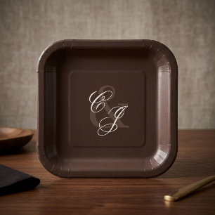 Classic Dark Brown Old Money Wedding Paper Plate