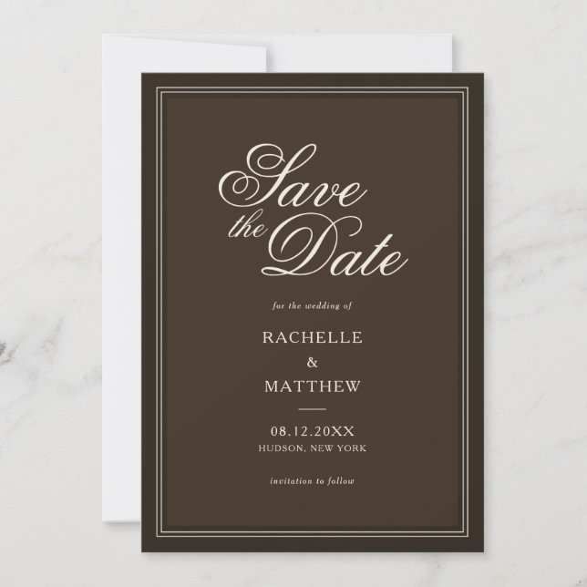 Classic Dark Brown Old Money Wedding Save The Date (Front)