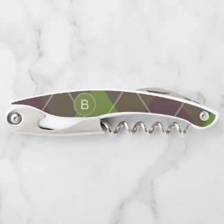 Classic Dark Green Argyle Pattern Monogram Corkscrew