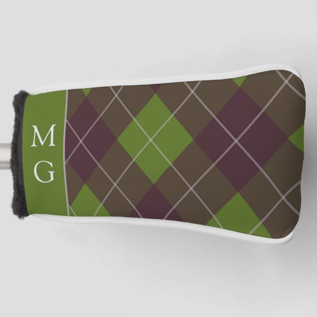 Classic Dark Green Argyle Pattern Monogram Golf Head Cover (Front)