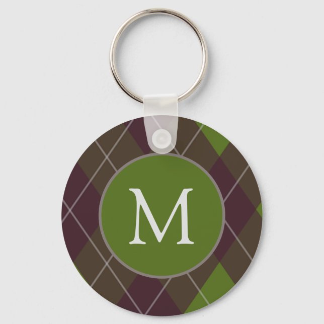 Classic Dark Green Argyle Pattern Monogram Key Ring (Front)