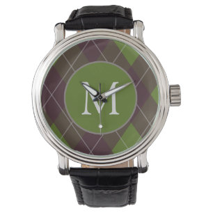 Classic Dark Green Argyle Pattern Monogram Watch