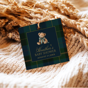 Classic Dark Green & Blue Plaid Baby Shower Favour Tags