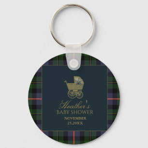 Classic Dark Green Blue Plaid Baby Shower Key Ring