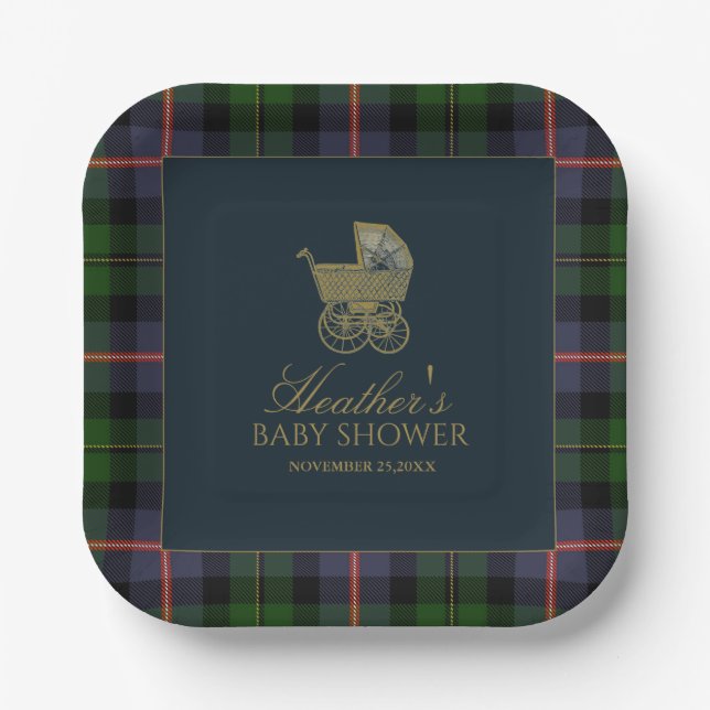 Classic Dark Green Blue Plaid Baby Shower Paper Plate (Front)