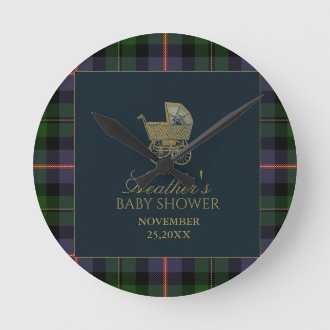 Classic Dark Green Blue Plaid Baby Shower Round Clock (Front)